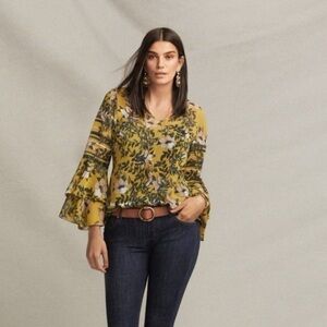 CAbi Mustard Yellow Floral Blouse with Pink Blooms